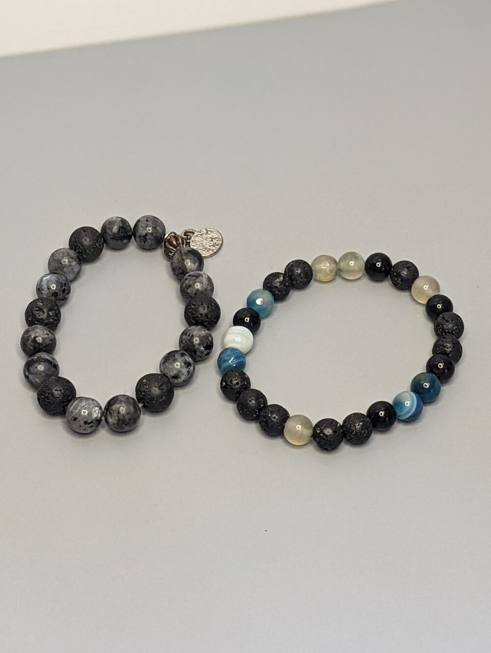 Two Piece Natural Stone Stretch Bracelet Set Unisex Lava Stone And Mixed Beads